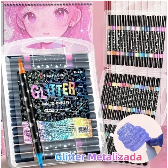 Caneta Marcadora acrílica Glitter Metalizada Ponta Dupla para Colorir Brilhante 24/48/72/96/ 120Cores