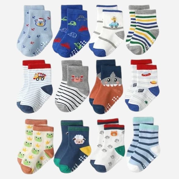 Kit 6 e 12 Pares de Meias Masculino para Recém Nascidos e Bebê Menino c/ Antiderrapante