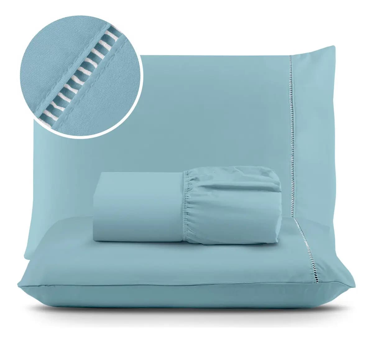 Jogo De Lençol Cama Solteiro 02 Peças 400 Fios Ponto Palito Cor Azul-claro Desenho Do Tecido Liso