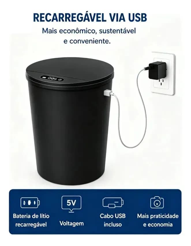 Lixeira Inteligente Automática com Sensor para Cozinha e Banheiro, 16 Litros Preto