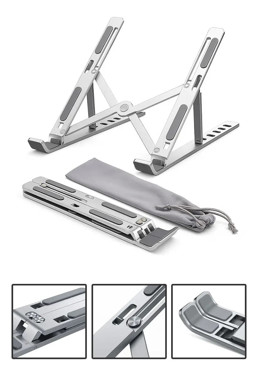 Base Suporte Para PC Notebook Alumínio Portátil Articulado Dobrável Tablet Laptop Mesa Davely Cor Prateado