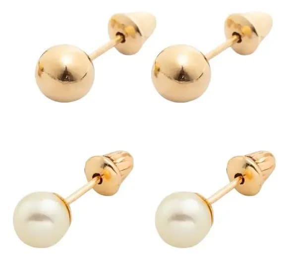 Brinco Bola 4mm + Brinco Perola Natural 4mm Ouro 18k Baby Dourado